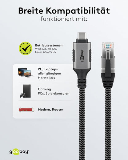 goobay USB C 3.1/RJ45 CAT 6 Kabel 2,0 m grau, schw