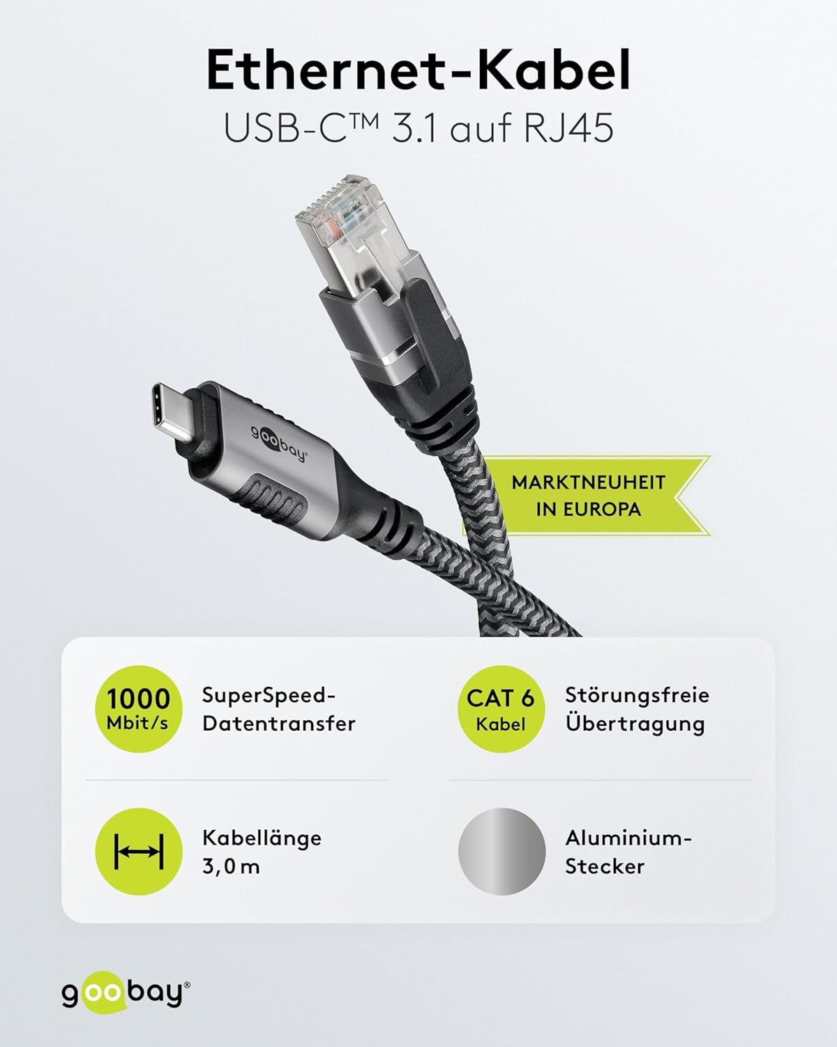 goobay USB C 3.1/RJ45 CAT 6 Kabel 3,0 m grau, schw