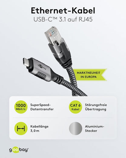 goobay USB C 3.1/RJ45 CAT 6 Kabel 3,0 m grau, schw
