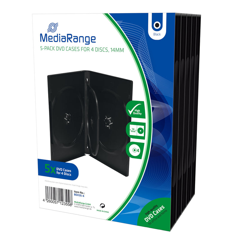MEDIARANGE DVD Case for 4 Discs 14 mm Black Pack of 5
