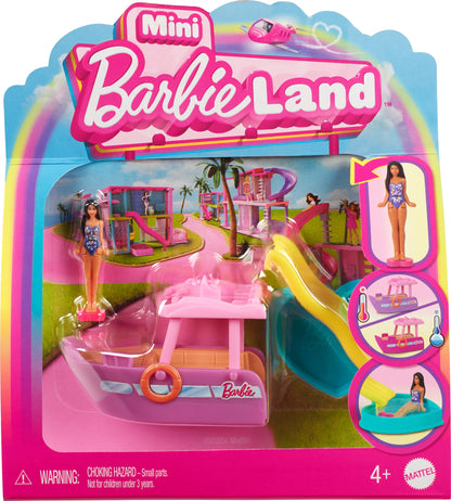 Barbie Mini Barbieland Barco que cambia de color con el agua para minifiguras con muñeca pequeña morena y tobogán, juguete +4 años (HYF41