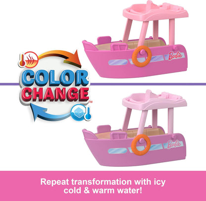 Barbie Mini Barbieland Barco que cambia de color con el agua para minifiguras con muñeca pequeña morena y tobogán, juguete +4 años (HYF41