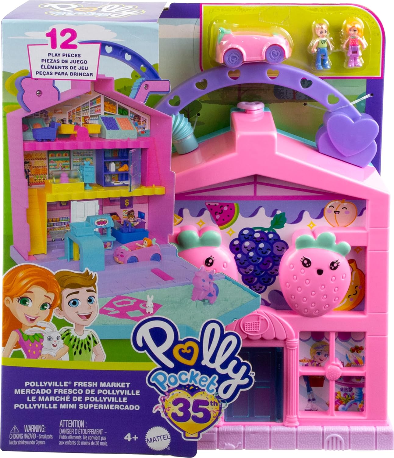 Polly Pocket Dolls & Playset, Food Toy with 2 Micro Dolls, 12 Accessories with Toy Car and Pet, Pollyville Fresh Market