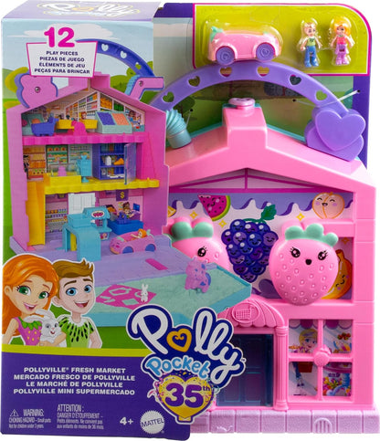 Polly Pocket Dolls & Playset, Food Toy with 2 Micro Dolls, 12 Accessories with Toy Car and Pet, Pollyville Fresh Market
