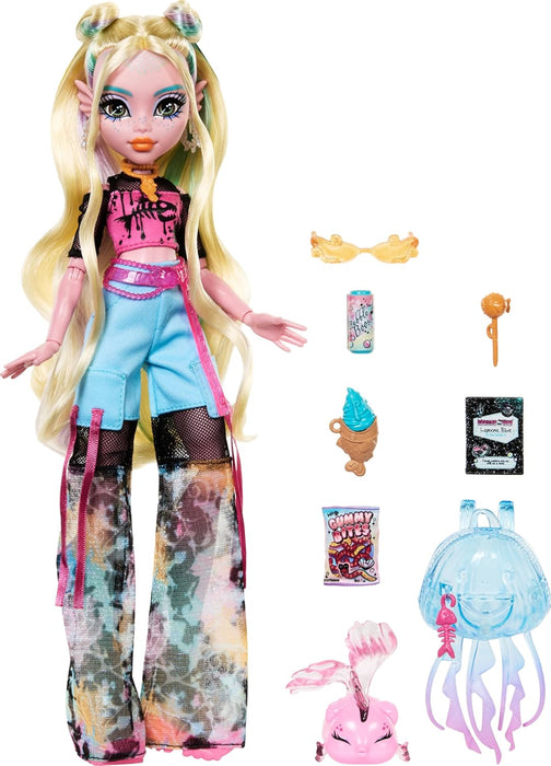 Monster High Lagoona Blue Puppe in Mesh-T-Shirt und Cargohose mit Haustierfisch Neptuna und Accessoires wie Rucksack, Snack und Notizbuch, HXH75