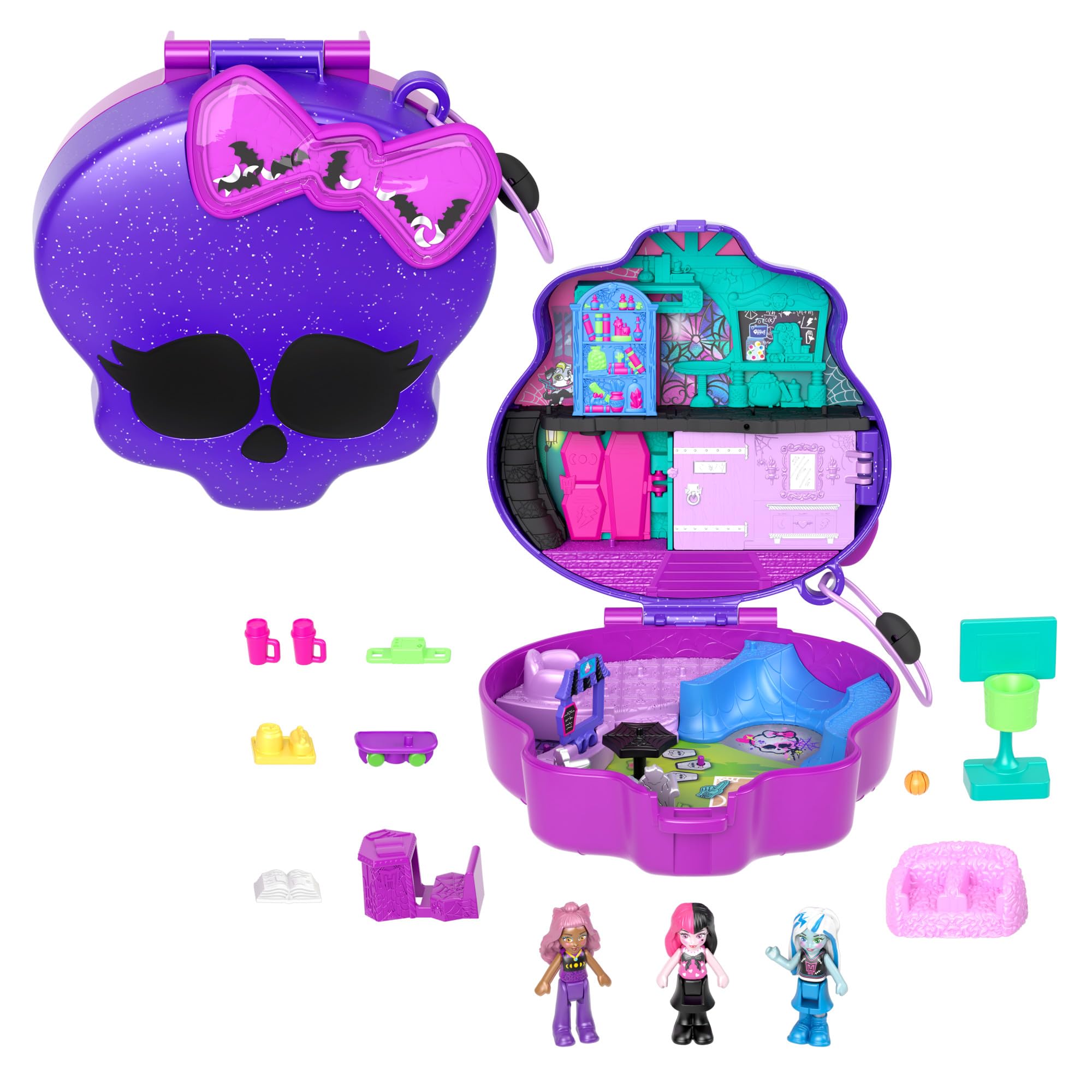 Polly Pocket Estuche Monster High Set de Juego con 3 muñecas y Accesorios, se Convierte en Instituto, Juguete +4 años (Mattel HVV58