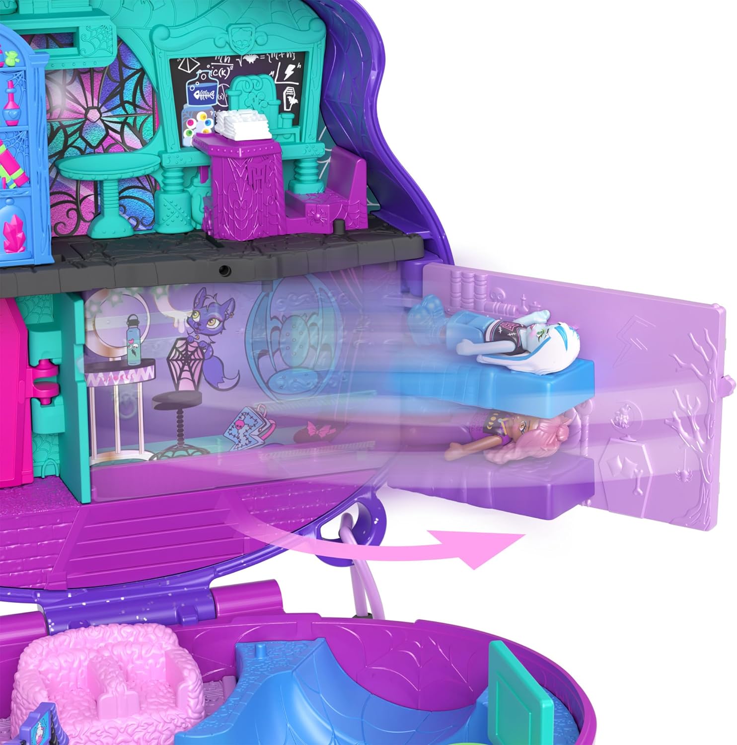 Polly Pocket Estuche Monster High Set de Juego con 3 muñecas y Accesorios, se Convierte en Instituto, Juguete +4 años (Mattel HVV58