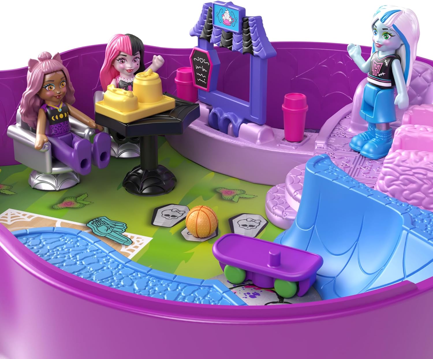 Polly Pocket Estuche Monster High Set de Juego con 3 muñecas y Accesorios, se Convierte en Instituto, Juguete +4 años (Mattel HVV58