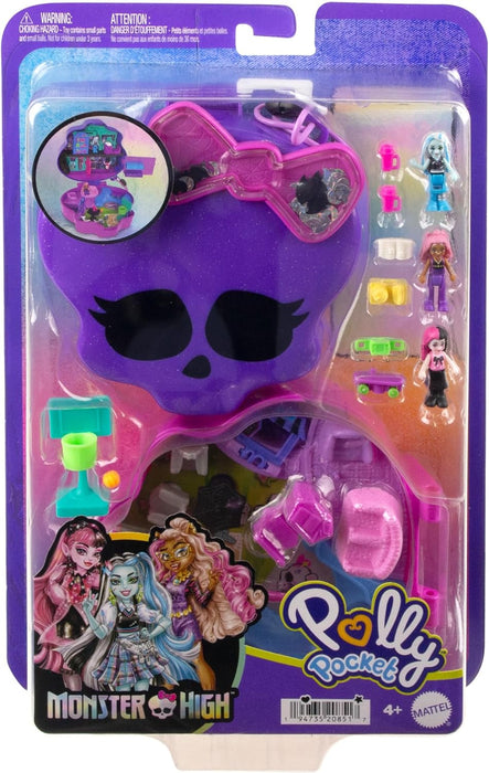 Polly Pocket Estuche Monster High Set de Juego con 3 muñecas y Accesorios, se Convierte en Instituto, Juguete +4 años (Mattel HVV58