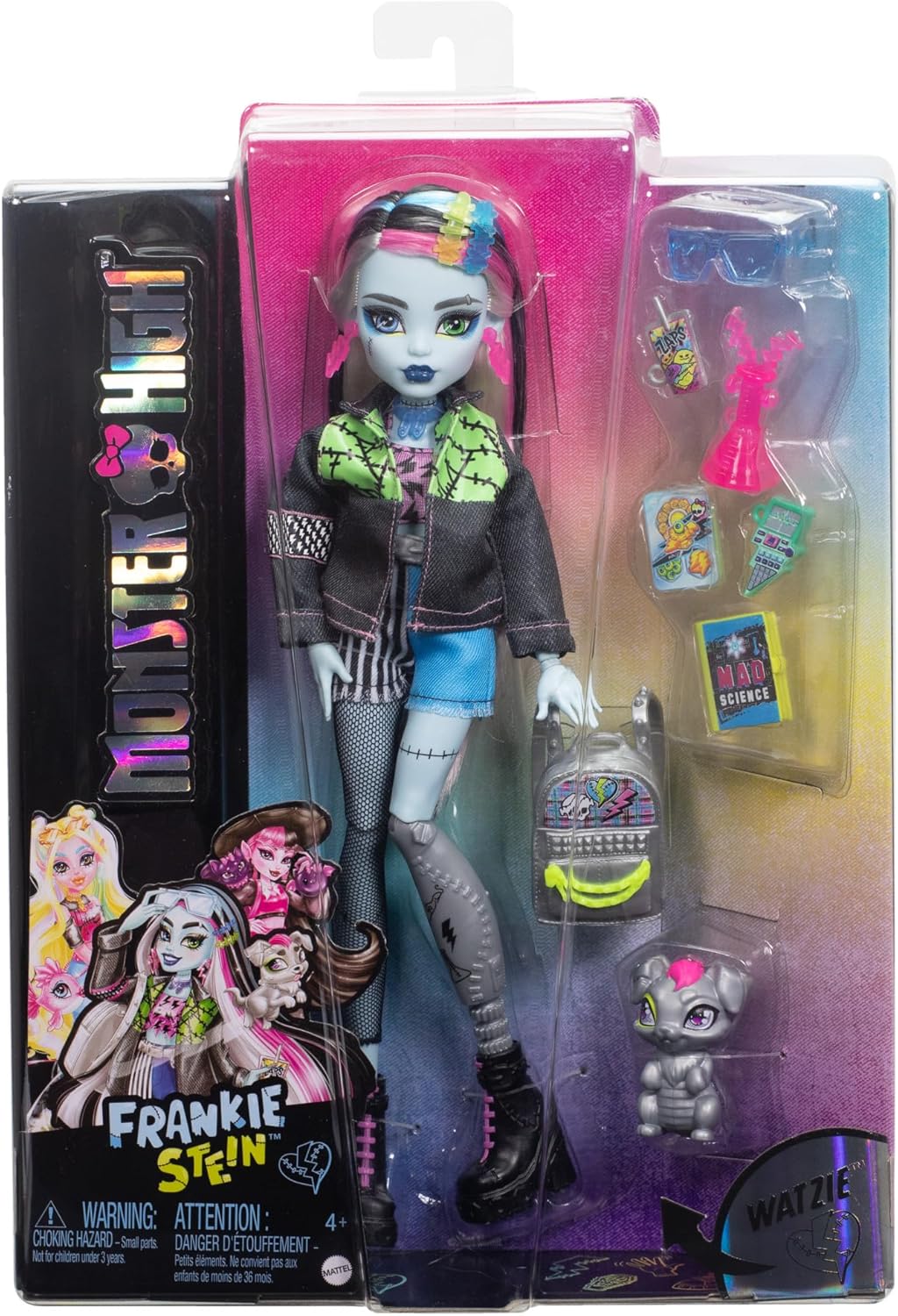 Monster High Frankie Stein Doll in Denim Jacket and Shorts, Includes Pet Dog Watzie and Accessories like a Backpack, Snack and Notebook, HXH73