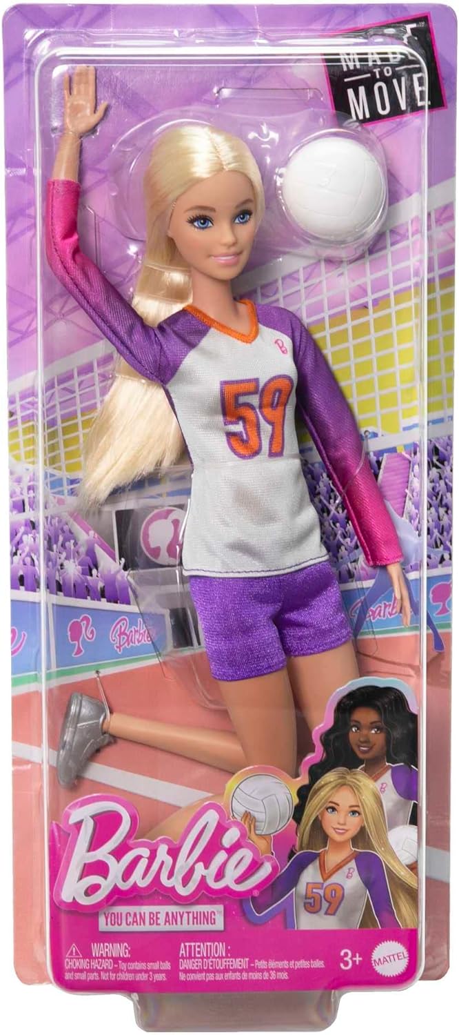 Barbie Made to Move - Volleyballspielerin-Puppe mit Trikot und Ball - 22 Gelenke für realistisches Spiel, inklusive Volleyball und Sportkleidung, HKT72