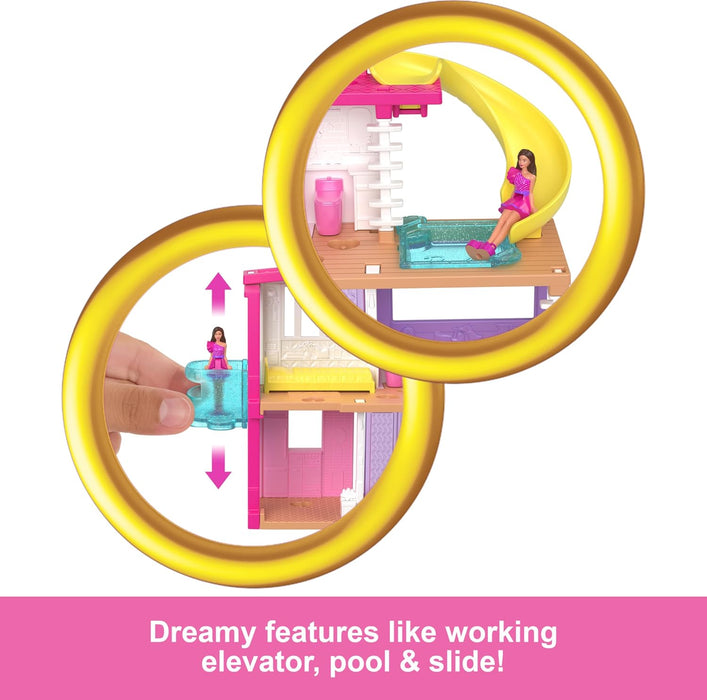 Barbie Mini Barbieland Casa de muñecas de dos pisos para mini figuras con muñeca pequeña morena y accesorios sorpresa, juguete +4 años (HYF47)
