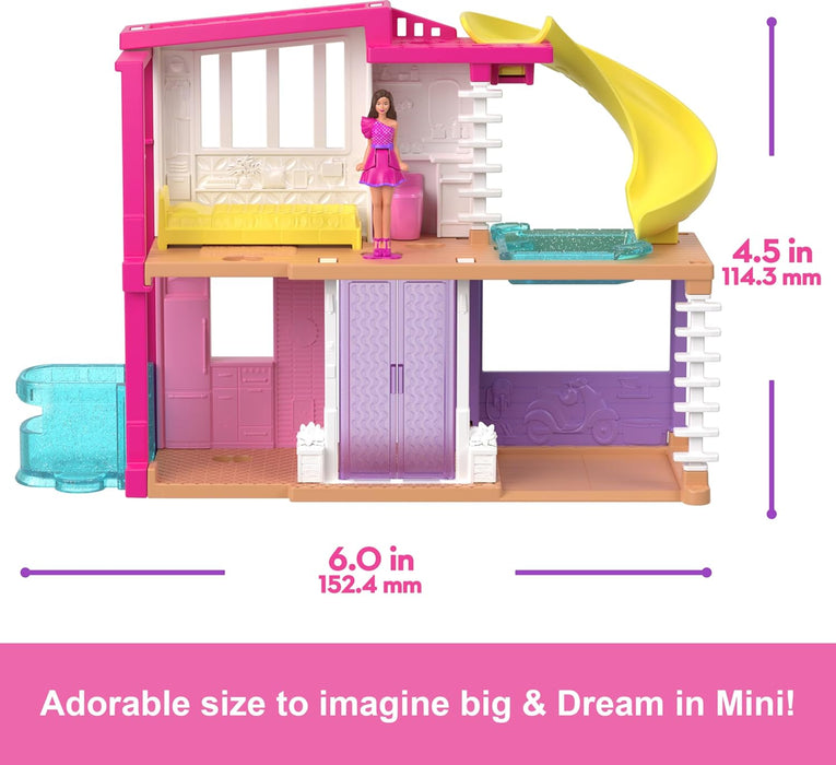 Barbie Mini Barbieland Casa de muñecas de dos pisos para mini figuras con muñeca pequeña morena y accesorios sorpresa, juguete +4 años (HYF47)