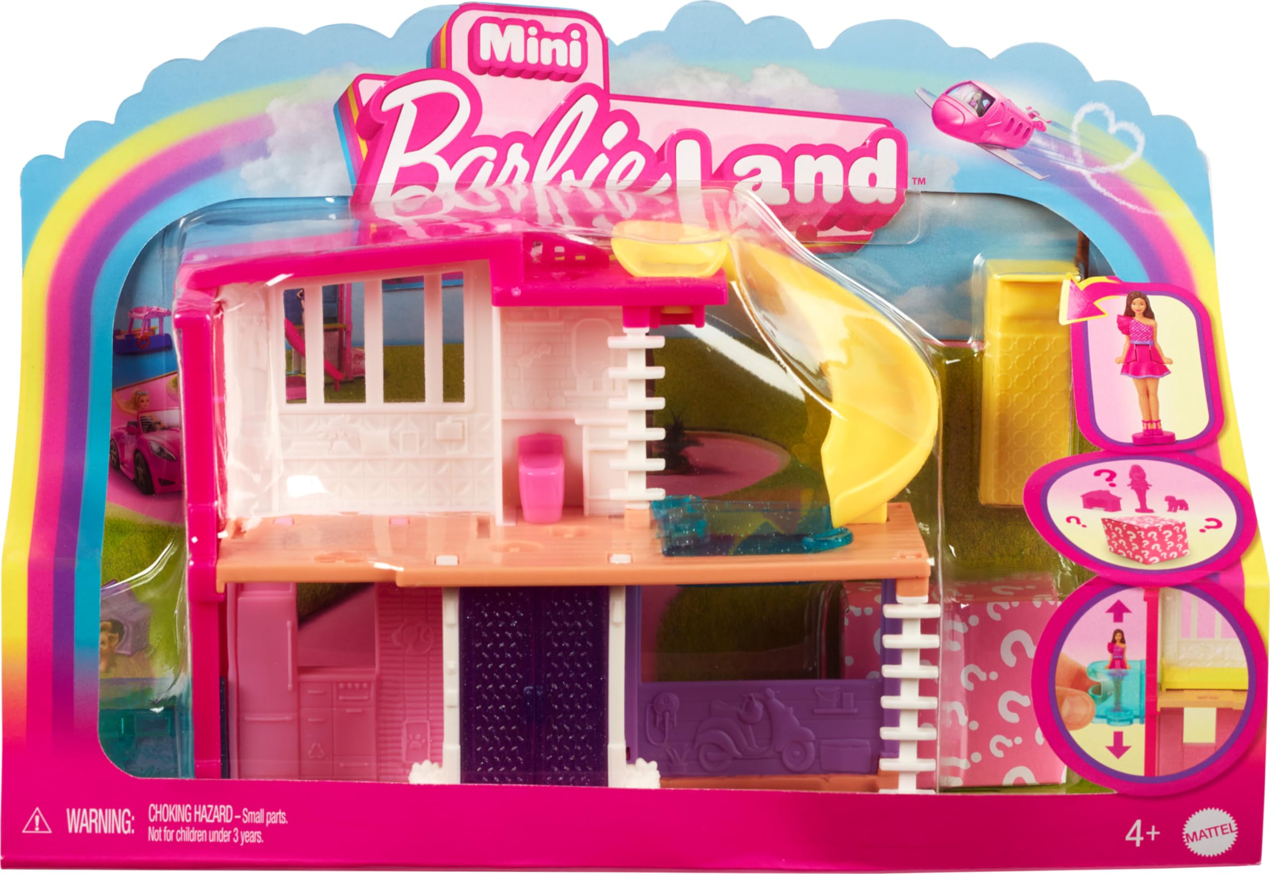 Barbie Mini Barbieland Casa de muñecas de dos pisos para mini figuras con muñeca pequeña morena y accesorios sorpresa, juguete +4 años (HYF47)