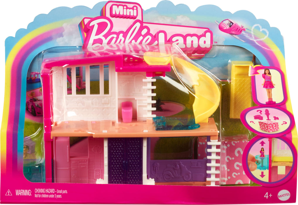 Barbie Mini Barbieland Casa de muñecas de dos pisos para mini figuras con muñeca pequeña morena y accesorios sorpresa, juguete +4 años (HYF47)