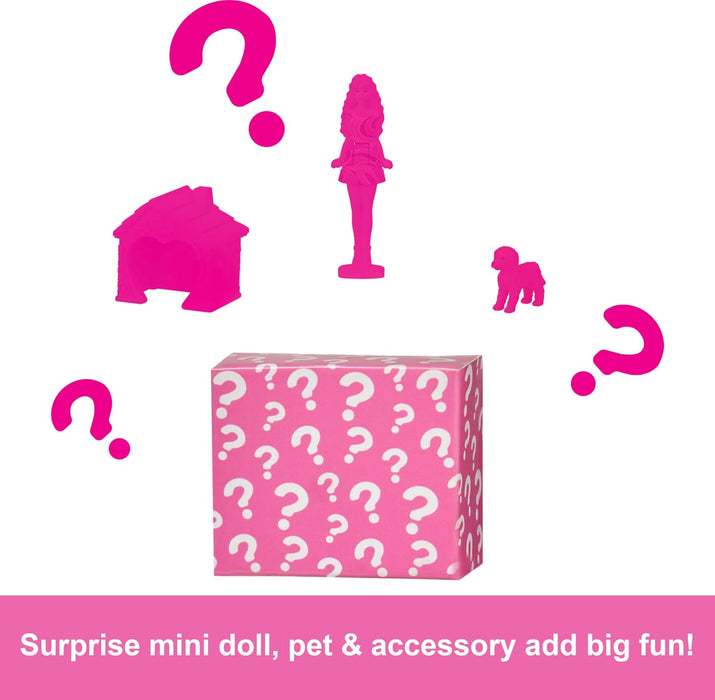 Barbie Mini Barbieland Casa de muñecas de dos pisos para mini figuras con muñeca pequeña morena y accesorios sorpresa, juguete +4 años (HYF47)