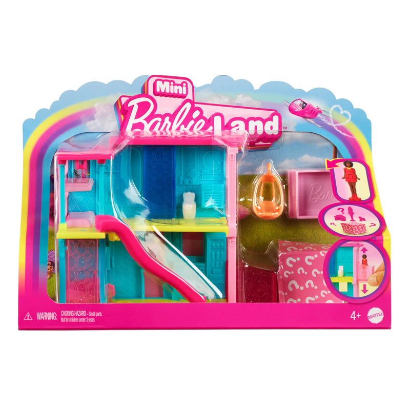 Barbie Mini Barbieland Casa de muñecas de dos pisos para mini figuras con muñeca pequeña afroamericana y accesorios sorpresa, juguete +4 años (HYF46)