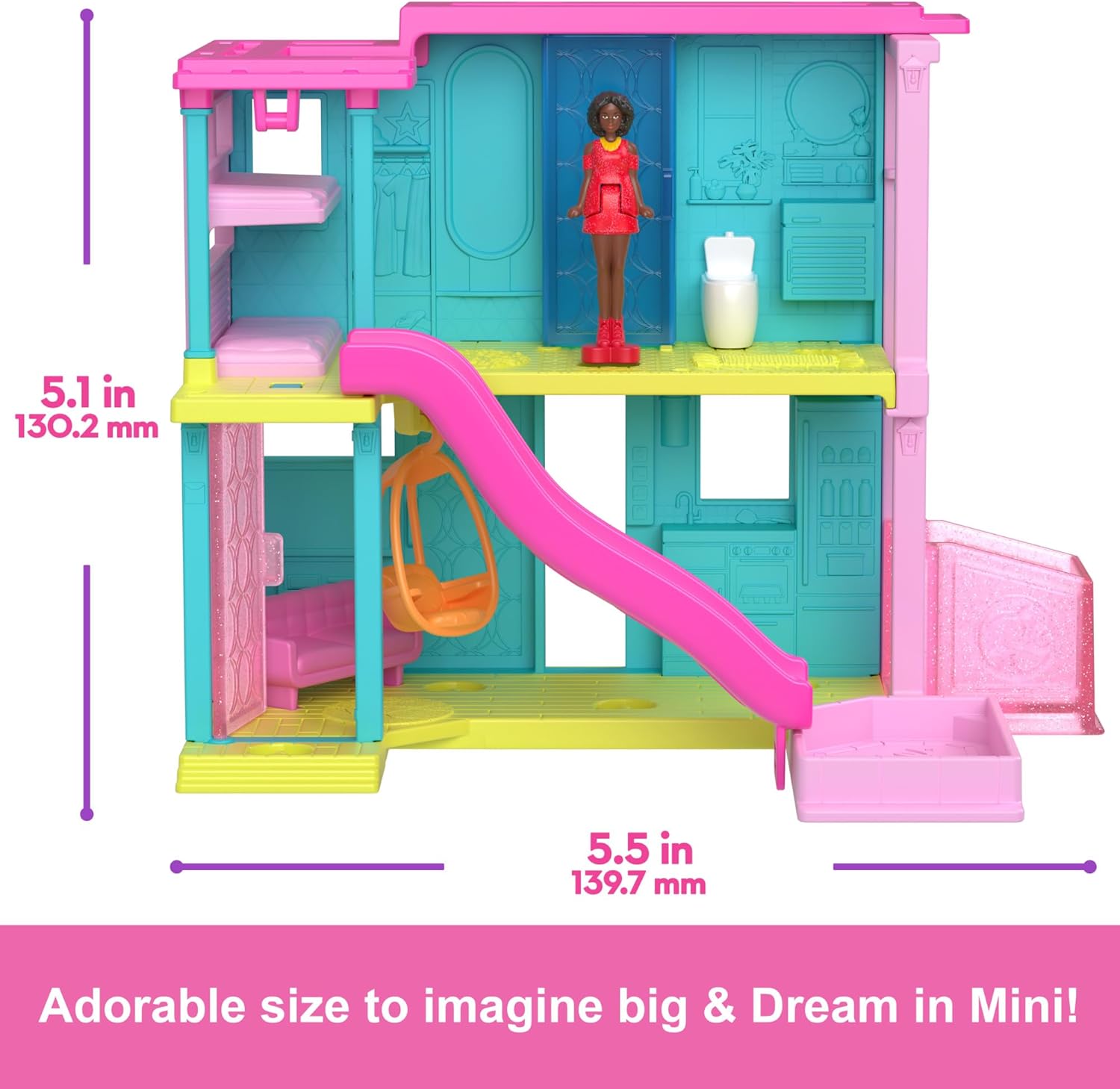 Barbie Mini Barbieland Casa de muñecas de dos pisos para mini figuras con muñeca pequeña afroamericana y accesorios sorpresa, juguete +4 años (HYF46)