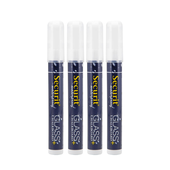 Securit Waterproof Glass & Chalkboard Markers - Pack of 4 Liquid Chalk Pens with 6mm Nib - Use on Blackboards, Glass, Metal, Plastic and More! (White