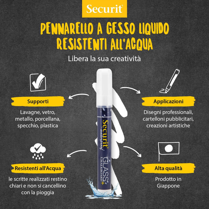 Securit Waterproof Glass & Chalkboard Markers - Pack of 4 Liquid Chalk Pens with 6mm Nib - Use on Blackboards, Glass, Metal, Plastic and More! (White