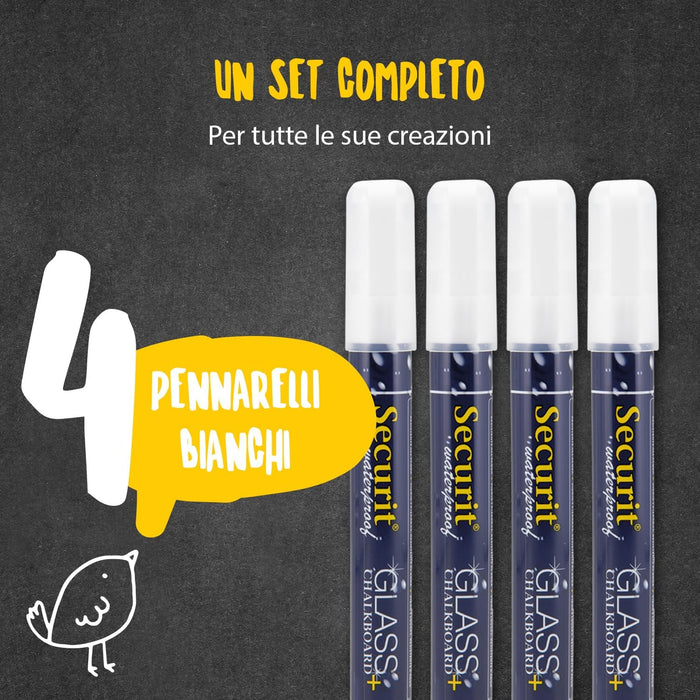 Securit Waterproof Glass & Chalkboard Markers - Pack of 4 Liquid Chalk Pens with 6mm Nib - Use on Blackboards, Glass, Metal, Plastic and More! (White