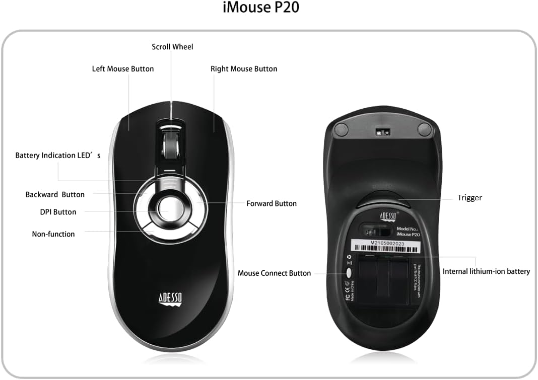 Adesso iMouse P20 Air Mouse Elite Rechargeable Desktop Mouse and Remote Presentation Programable Buttons