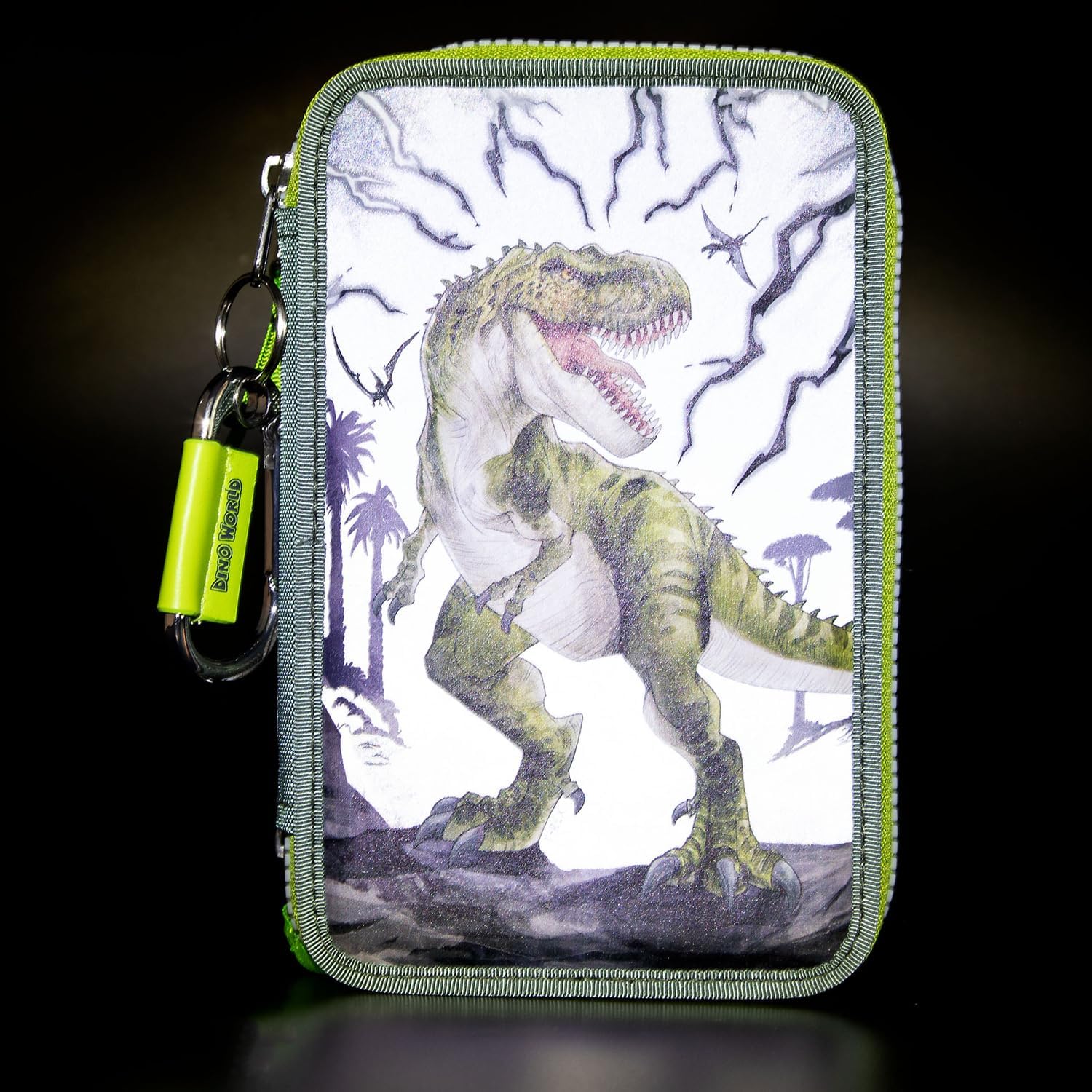 Depesche 11758 Dino World Reflector - Filled 3-Compartment Pencil Case in Green/Grey with Dino Motif and Flashing, Reflective Pencil Case with Colouring Pencils, Ruler, Scissors and Much More