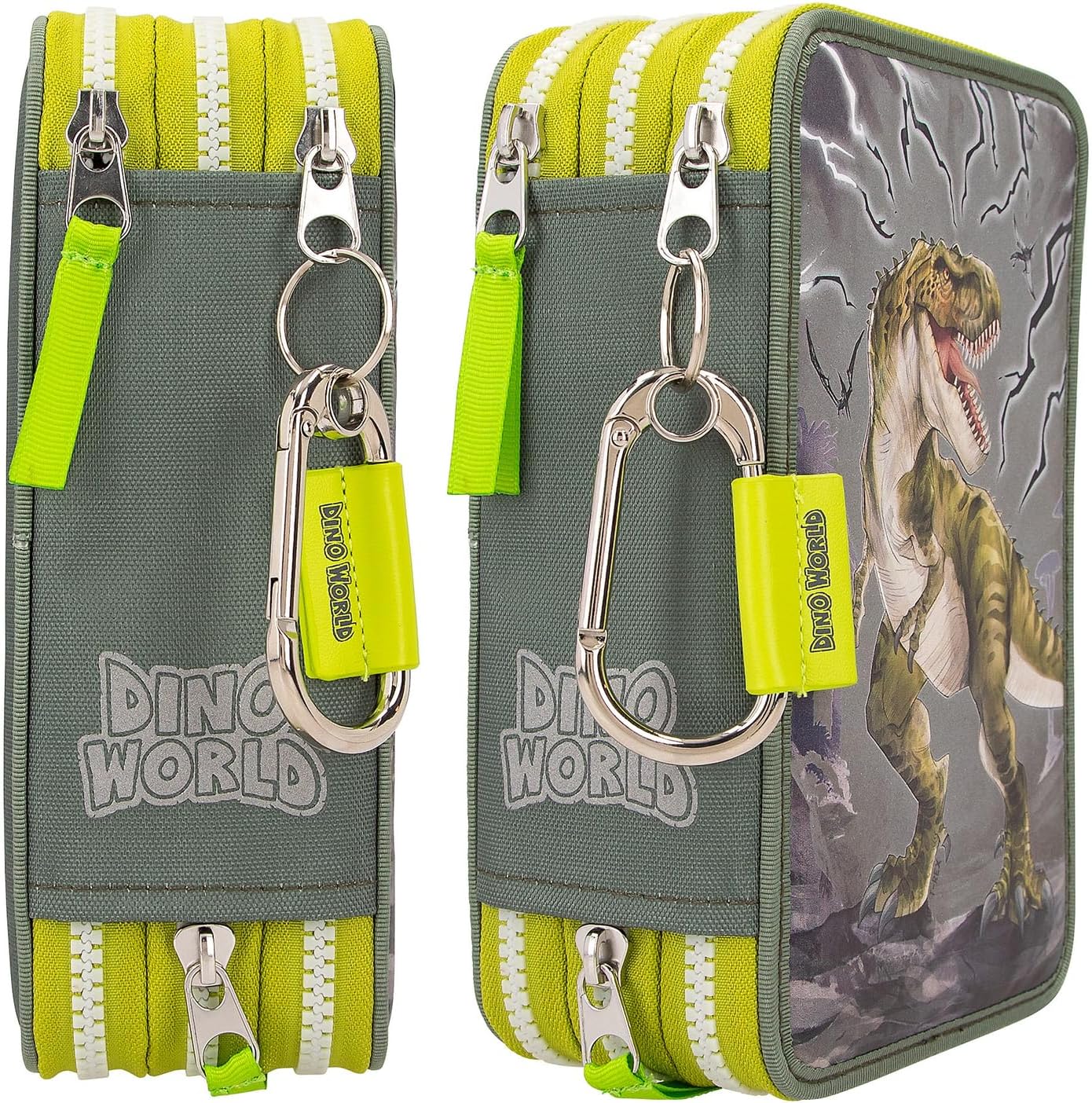 Depesche 11758 Dino World Reflector - Filled 3-Compartment Pencil Case in Green/Grey with Dino Motif and Flashing, Reflective Pencil Case with Colouring Pencils, Ruler, Scissors and Much More