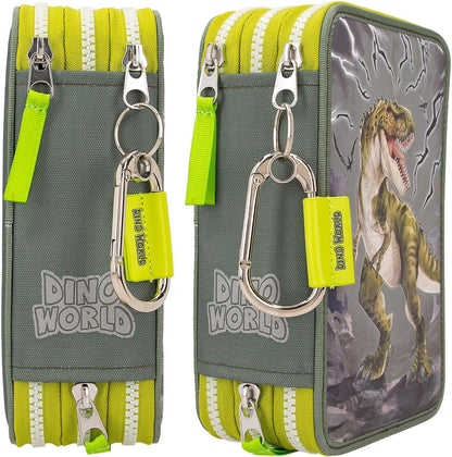 Depesche 11758 Dino World Reflector - Filled 3-Compartment Pencil Case in Green/Grey with Dino Motif and Flashing, Reflective Pencil Case with Colouring Pencils, Ruler, Scissors and Much More