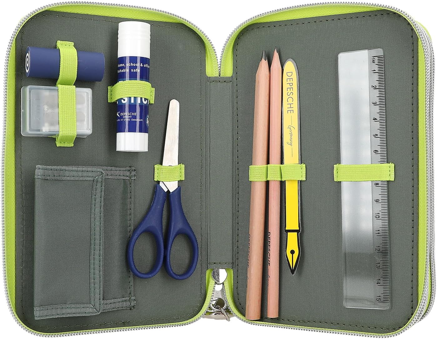 Depesche 11758 Dino World Reflector - Filled 3-Compartment Pencil Case in Green/Grey with Dino Motif and Flashing, Reflective Pencil Case with Colouring Pencils, Ruler, Scissors and Much More