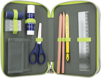 Depesche 11758 Dino World Reflector - Filled 3-Compartment Pencil Case in Green/Grey with Dino Motif and Flashing, Reflective Pencil Case with Colouring Pencils, Ruler, Scissors and Much More