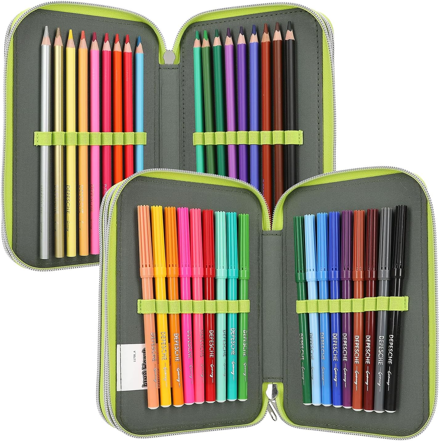 Depesche 11758 Dino World Reflector - Filled 3-Compartment Pencil Case in Green/Grey with Dino Motif and Flashing, Reflective Pencil Case with Colouring Pencils, Ruler, Scissors and Much More