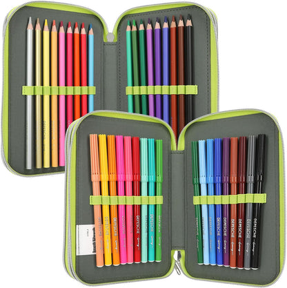 Depesche 11758 Dino World Reflector - Filled 3-Compartment Pencil Case in Green/Grey with Dino Motif and Flashing, Reflective Pencil Case with Colouring Pencils, Ruler, Scissors and Much More