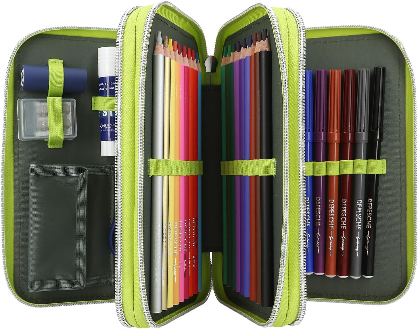Depesche 11758 Dino World Reflector - Filled 3-Compartment Pencil Case in Green/Grey with Dino Motif and Flashing, Reflective Pencil Case with Colouring Pencils, Ruler, Scissors and Much More