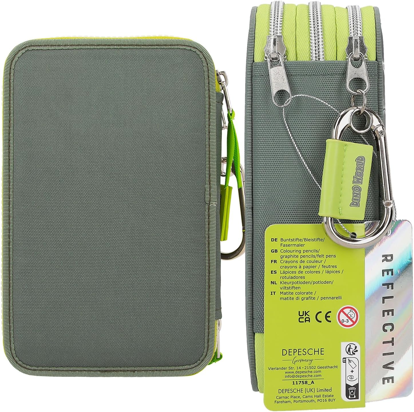 Depesche 11758 Dino World Reflector - Filled 3-Compartment Pencil Case in Green/Grey with Dino Motif and Flashing, Reflective Pencil Case with Colouring Pencils, Ruler, Scissors and Much More