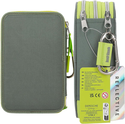 Depesche 11758 Dino World Reflector - Filled 3-Compartment Pencil Case in Green/Grey with Dino Motif and Flashing, Reflective Pencil Case with Colouring Pencils, Ruler, Scissors and Much More