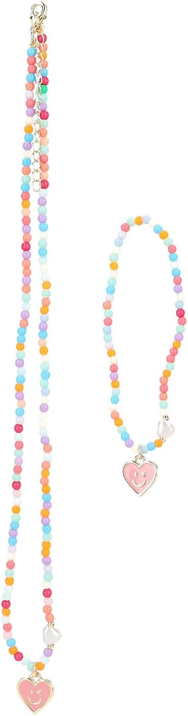Depesche TOPModel Joy 13036 Jewellery Set with Chain and Elastic Bracelet, Decorated with Small Colourful Beads and Heart Pendant, Pearl