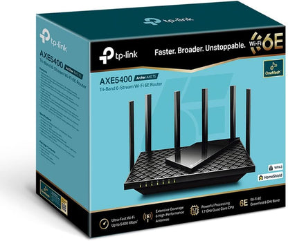 TP-Link AXE5400 Tri-Band Wi-Fi 6E Router, Wi-Fi Speed up to 5400 Mbps, 5x Gigabit Port, 1× USB 3.0 Port, 1.7 GHz Quad-Core CPU, with TP-Link OneMesh™and HomeShield, Compatible with Alexa(Archer AXE75