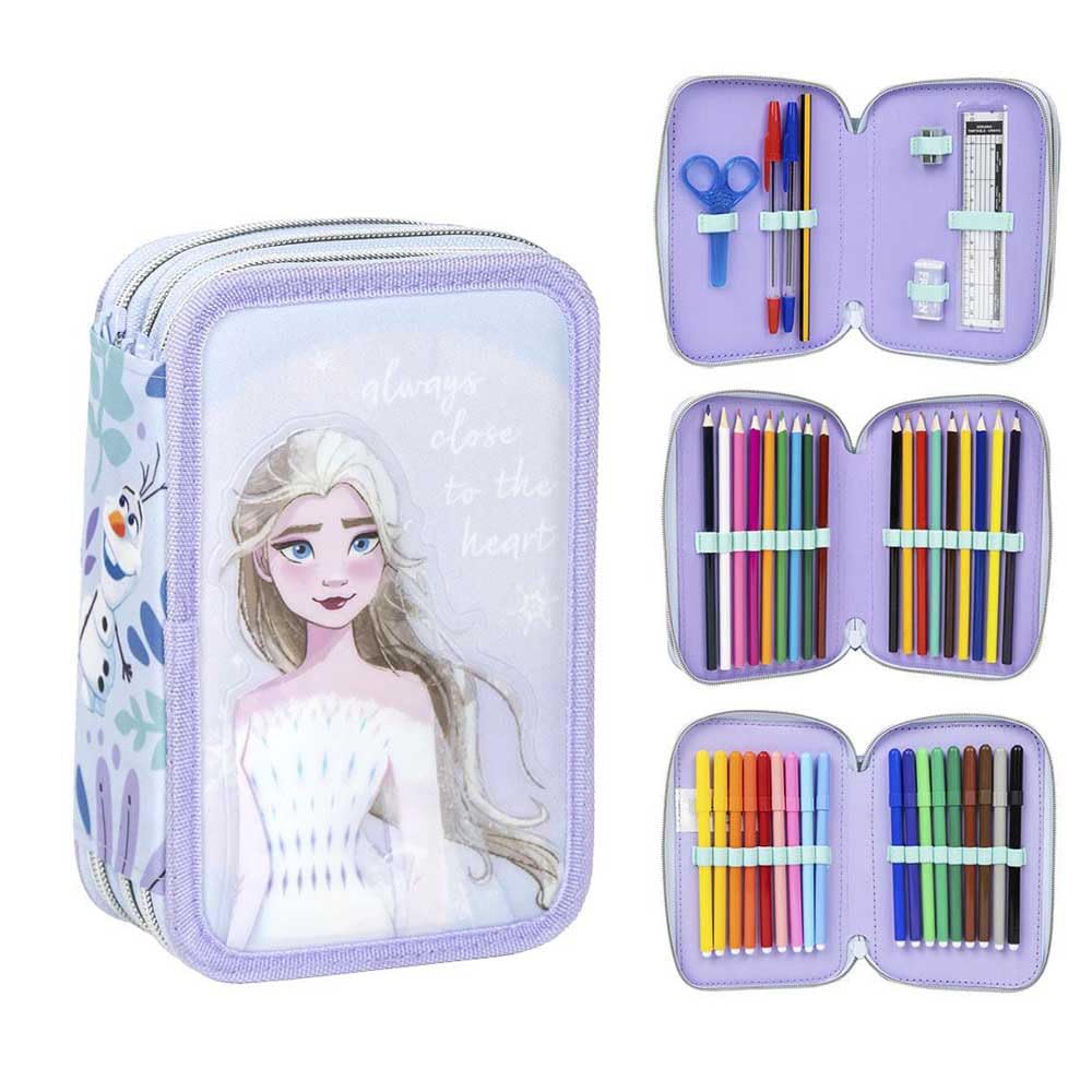 CERDÁ LIFE'S LITTLE MOMENTS Frozen 3 Compartment Pencil Case - Lilac - 12.5 x 6.5 x 19.5 cm - Zip Closure - Includes Accessories - Original Product Designed in Spain