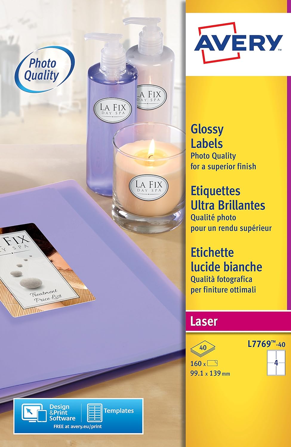 Avery L7769-40 Self-Adhesive Glossy Labels, 4 Labels Per A4 Sheet