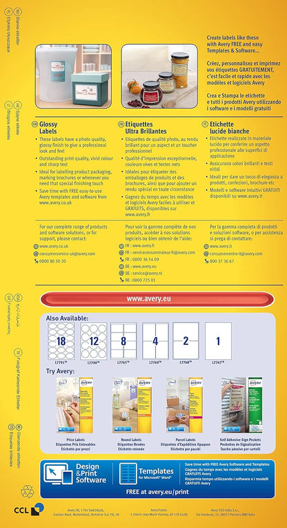 Avery L7769-40 Self-Adhesive Glossy Labels, 4 Labels Per A4 Sheet
