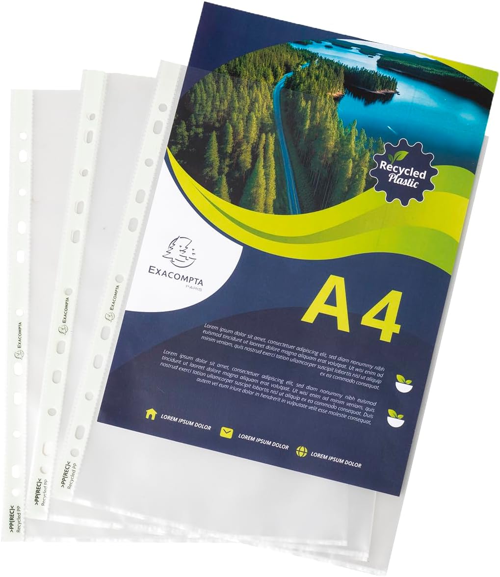 Exacompta - Ref 5320E - Box of 100 Forever Punched Pockets - Made of Recycled Grained Polypropylene - Thickness 6/100th - Dimensions: 23 x 30.5 cm - Format to File A4 - Crystal Colour