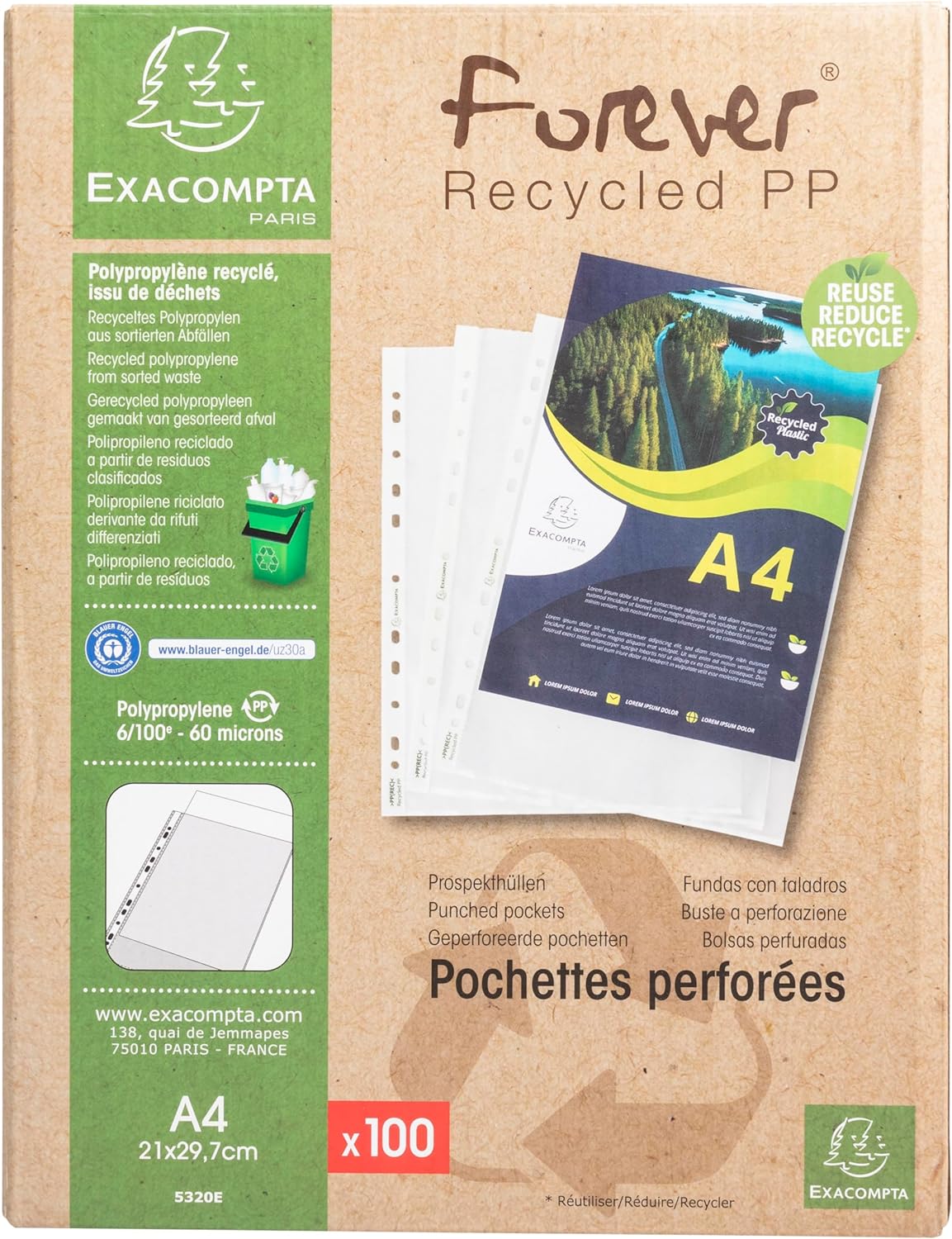Exacompta - Ref 5320E - Box of 100 Forever Punched Pockets - Made of Recycled Grained Polypropylene - Thickness 6/100th - Dimensions: 23 x 30.5 cm - Format to File A4 - Crystal Colour