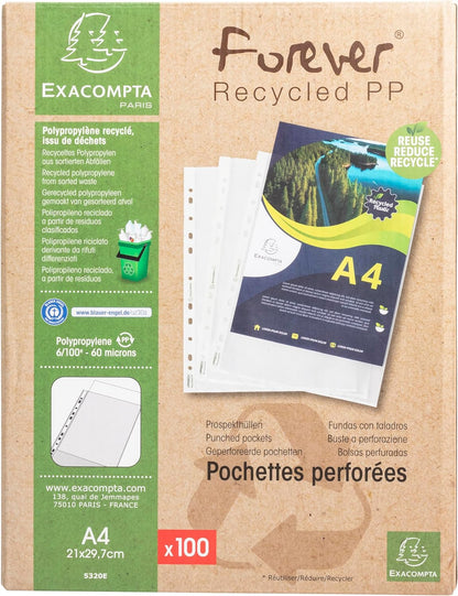 Exacompta - Ref 5320E - Box of 100 Forever Punched Pockets - Made of Recycled Grained Polypropylene - Thickness 6/100th - Dimensions: 23 x 30.5 cm - Format to File A4 - Crystal Colour