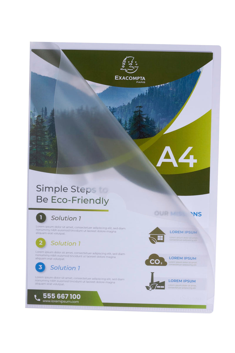 Exacompta - Ref 58320E - Box of 100 Forever Corner Pockets - Made of Recycled Grained Polypropylene - Thickness 12/100th - Dimensions: 22 x 31 cm - Format to File A4 - Crystal Colour