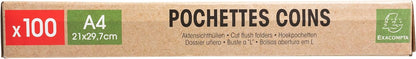 Exacompta - Ref 58320E - Box of 100 Forever Corner Pockets - Made of Recycled Grained Polypropylene - Thickness 12/100th - Dimensions: 22 x 31 cm - Format to File A4 - Crystal Colour