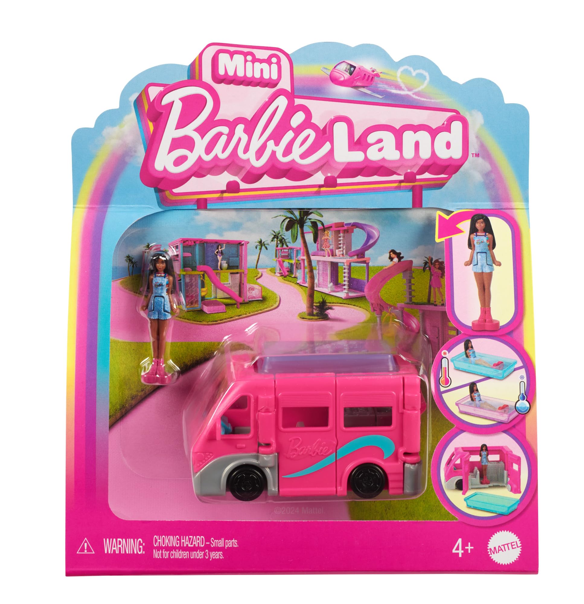 Barbie Mini Barbieland Caravana para mini figuras con muñeca Brooklyn pequeña que cambia de color con el agua, juguete +4 años (HYF39