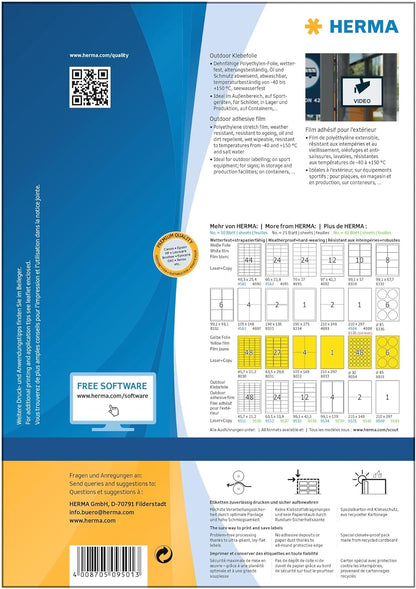 HERMA Stretchable Self Adhesive Weatherproof Foil Labels, 1 Label Per A4 Sheet, 50 Labels For Laser Printers, 210 x 420 mm (9501), White 210 x 297 mm 50 Sheets