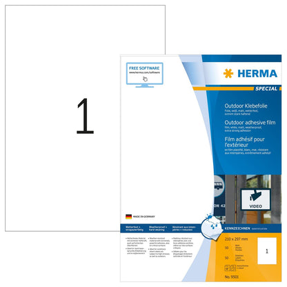 HERMA Stretchable Self Adhesive Weatherproof Foil Labels, 1 Label Per A4 Sheet, 50 Labels For Laser Printers, 210 x 420 mm (9501), White 210 x 297 mm 50 Sheets