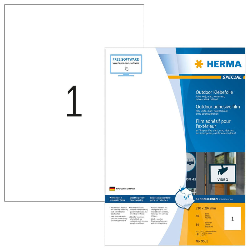 HERMA Stretchable Self Adhesive Weatherproof Foil Labels, 1 Label Per A4 Sheet, 50 Labels For Laser Printers, 210 x 420 mm (9501), White 210 x 297 mm 50 Sheets